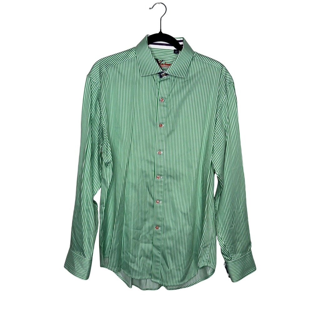 Robert Graham Button Down Shirt Mens Large Green White Striped Excellent Cotton